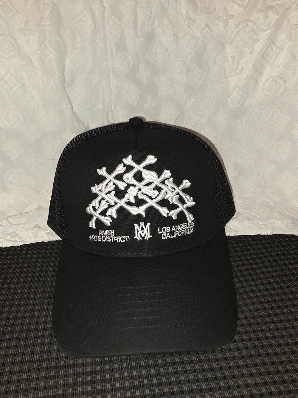AMIRI Black Trucker Cap with White Embroidered Graphic